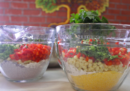 All dry ingredients in two bowls. Mix in liquid ingredients just before baking. 