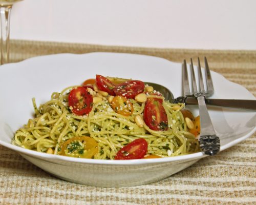 Angel Hair Pasta with Fresh Tomatoes and Pesto