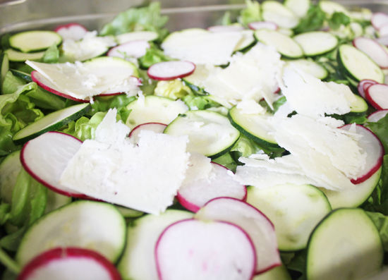 Top the salad with the radish and zucchini slices, then the pecorino shavings. 