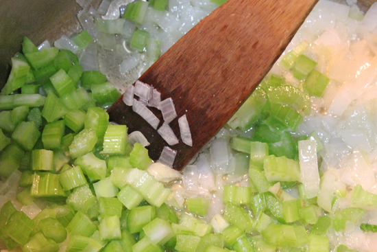 Cook onion until translucent, then add celery. 