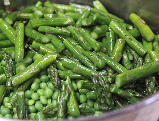 Roasted asparagus and defrosted peas.