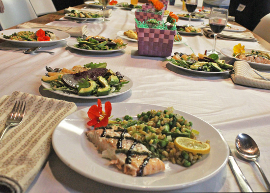 Beautifully plated salmon and kamut at our Spring Entertaining class. 