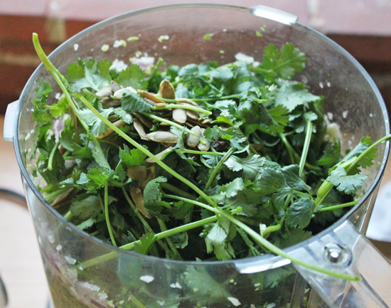 Combine, spinach, cilantro stems and leaves to make this emerald green sauce.