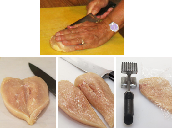 1) Slice open chicken breast. 2) Butterflied chicken breast. 3) Cut butterflied breast into two pieces. 4) Pound chicken breast with mallet to tenderize. 