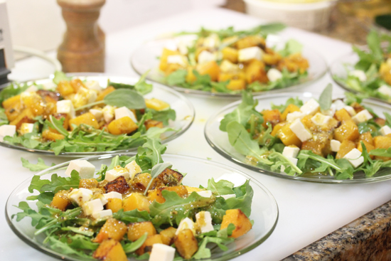 Pumpkin Salads served over fresh arugula ready for a party. 