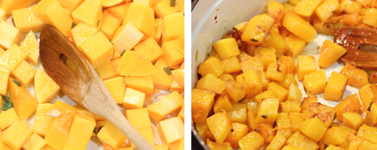 Pumpkin is fried in butter, olive oil, garlic and fresh sage to a golden color. 