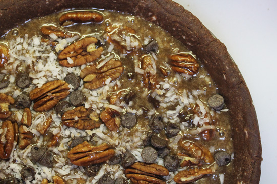 Chocolate Coconut Pecan Pie ready for the oven.