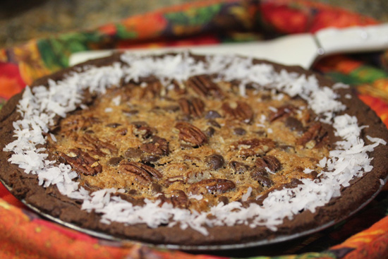 Chocolate Coconut Pecan Pie with triple chocolate is sinful and decadent