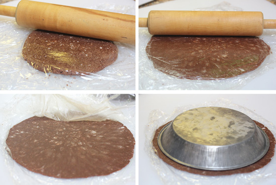 Plastic wrap guides and a rolling pin shape the crust. 