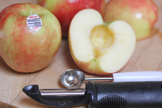 Prep some Honeycrisp apples with my favorite apple tools - a melon baller and an Oxo peeler. 
