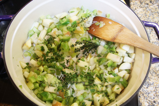 Saute onions, celery, green pepper and add herbs, nuts and fruit. 