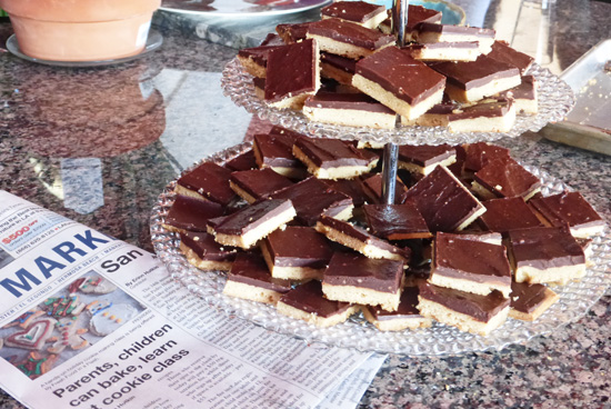 My cookie tray of Chocolate Peanut Butter Bars next to the Los Angeles Times article promoting our class. 