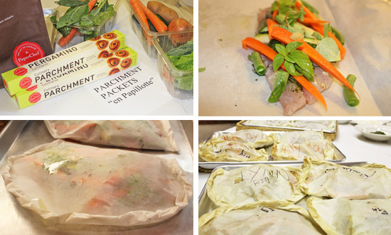 Paper Chef Parchment Paper is a quality product for the job. Assemble ingredients near the fold on top of the fish filet or chicken breast. Fold over the paper from left side to right. Bake four to a baking sheet. 