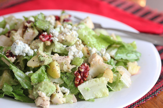 Waldorf Salad mixed up with leftover turkey, blue cheese and red walnuts.