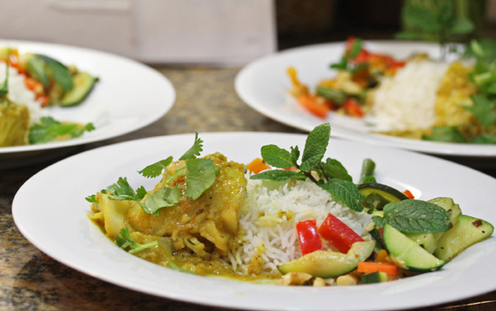Balti Stir-fried Vegetables served with Basmati Rice and Fish Curry at our Indian Cooking Class. 