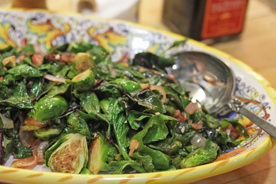 Beet Greens with Caramelized Onions and Brussels Sprouts