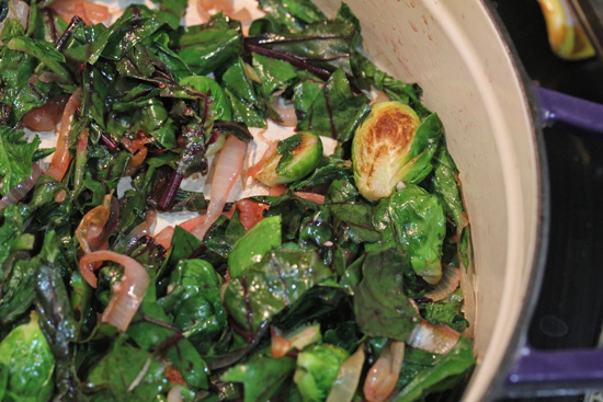 Beet Greens, Caramelized Onions and Brussels Sprouts ready to be served.