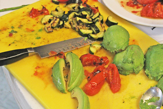Slicing up the grilled vegetables in a flash.