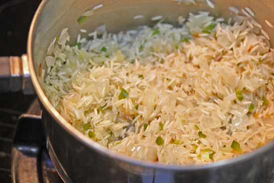 Green Rice starts with diced onion and jalapeno.
