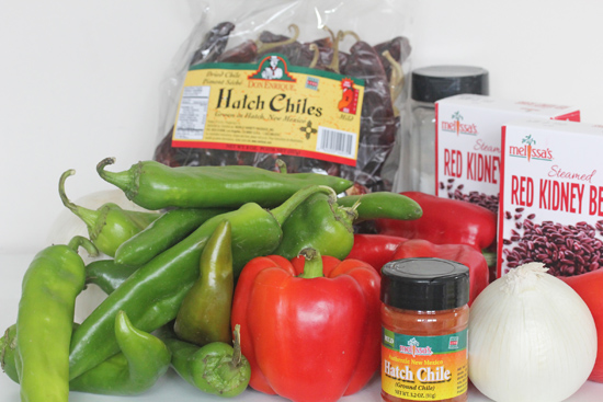 Hatch Chile con Carne contains hot Hatch chiles, Hatch chile powder, red peppers, onion and red kidney beans from Melissa's Produce. 