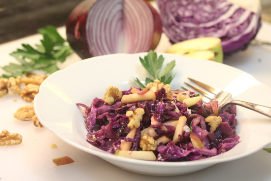 Warm Red Cabbage Salad with Walnuts and Feta Cheese