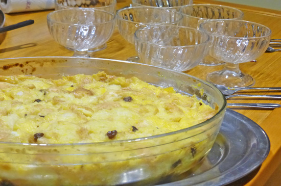 Pineapple Bread Pudding baked in a glass dish and served with our glass dessert bowls aboard a 44-foot sailboat. 