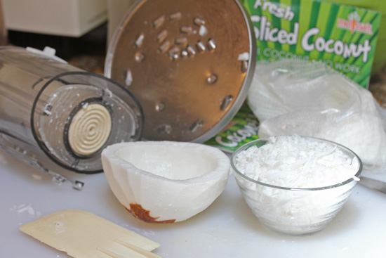 In about four minutes, you will have fresh shredded coconut. 