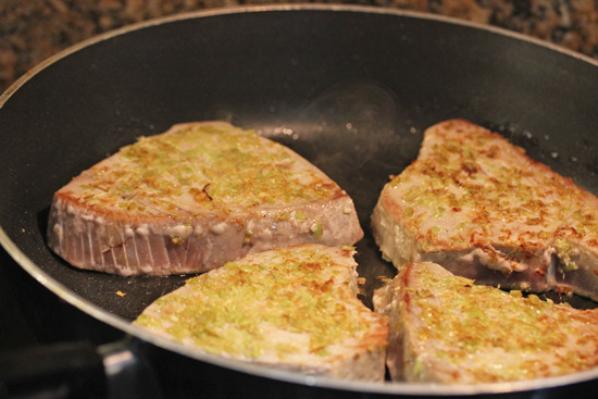 Sear the outside of the tuna steaks on high heat for only one minute per side.