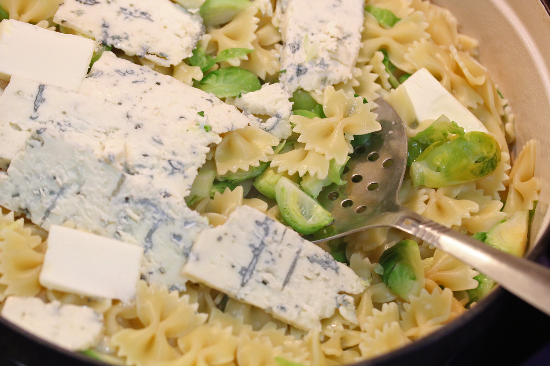 Bow Tie Pasta with Brussels Sprouts, Gorgonzola and Hazelnuts