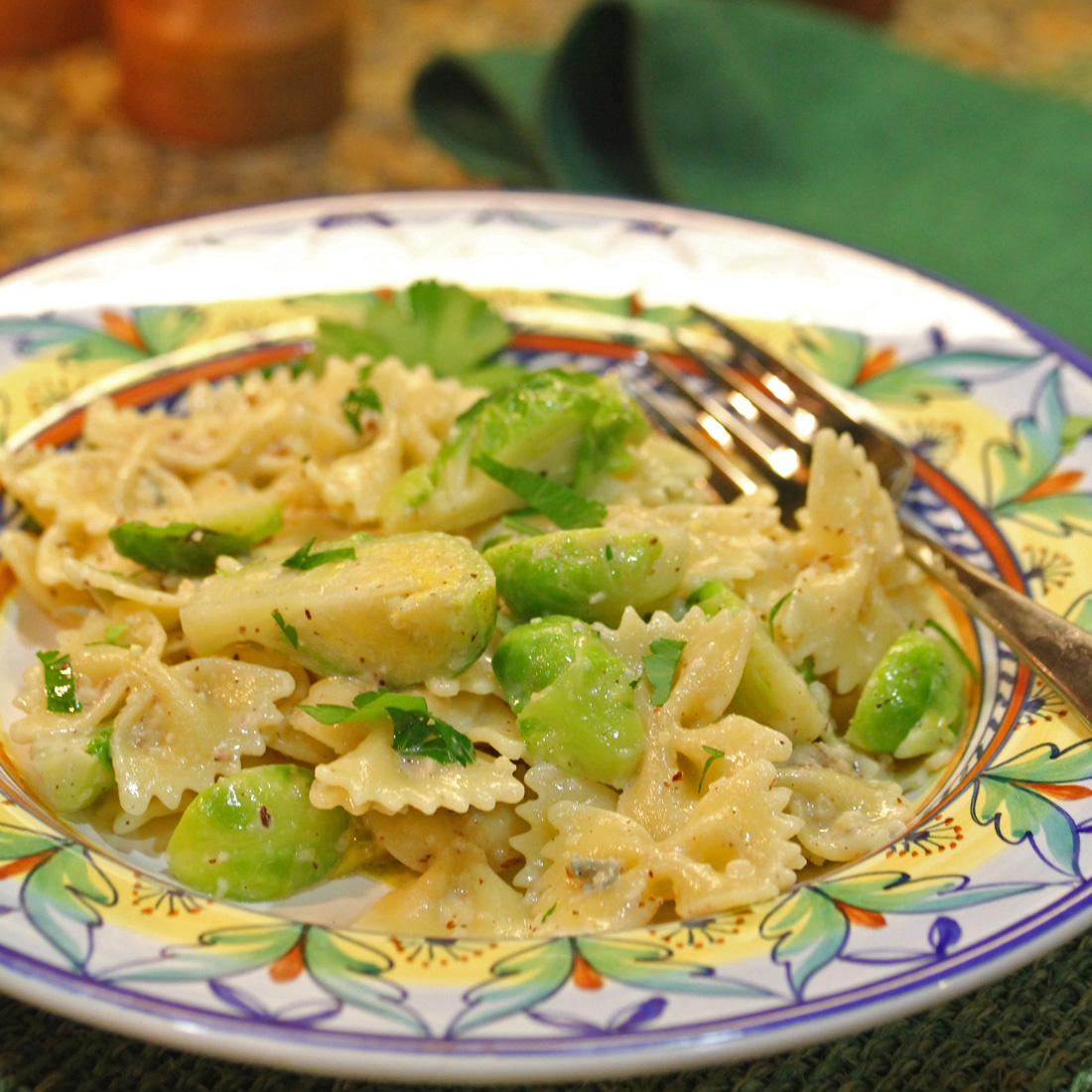 Bow Tie Pasta with Brussels Sprouts, Gorgonzola and Hazelnuts recipe at FreshFoodinaFlash.com