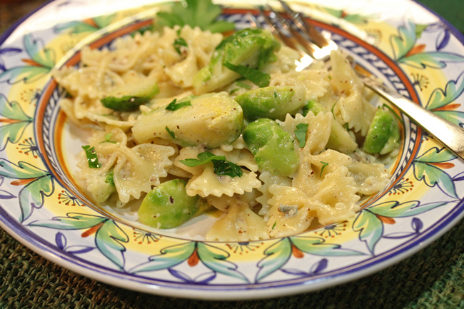 Bow Tie Pasta with Brussels Sprouts, Gorgonzola and Hazelnuts