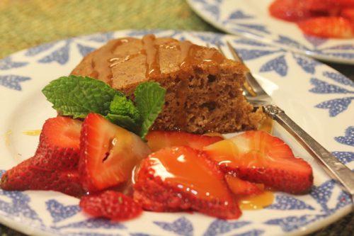 Weeknight Gingerbread Cake with Strawberries and Caramel Sauce