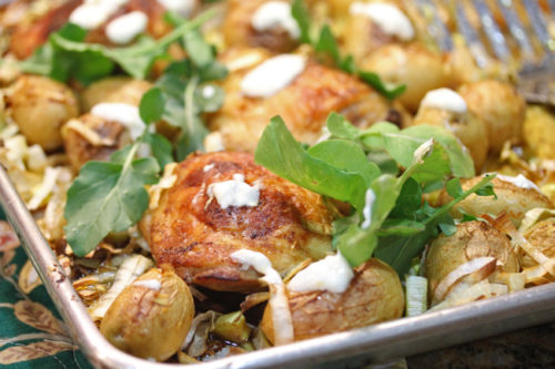 Sheet Pan Chicken Thighs with Baby Potatoes, Leeks and Brussels Sprouts